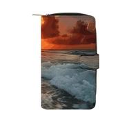 YHNNH The Beach Sunset Leather Long Wallet Adult Travel Zipper Long Purse Multi-functional Credit Card Holder 12 Card Slot