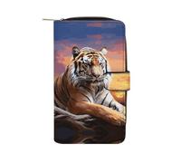 YHNNH Tiger Colorful Sunset Leather Long Wallet Adult Travel Zipper Long Purse Multi-functional Credit Card Holder 12 Card Slot