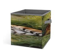 YHNNH Tiger Laying on The Grass Laundry Basket Foldable Storage Bins Home Organizers with Handles Decorative Fabric Blanket Storage Baskets for Living Room