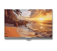 YHNNH Tropical Beach at Sunset Business Card Holder Minimalist Wallet RFID Blocking Credit Cards Holder Slim Name Cards Holders Compact Aluminum Alloy Business Card Case for Adult