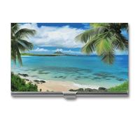 YHNNH Tropical Palm Tree Hawaii Beach Business Card Holder Minimalist Wallet RFID Blocking Credit Cards Holder Slim Name Cards Holders Compact Aluminum Alloy Business Card Case for Adult