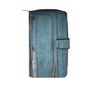 YHNNH Vintage Blue Wood Leather Long Wallet Adult Travel Zipper Long Purse Multi-functional Credit Card Holder 12 Card Slot