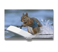 YHNNH Water Skiing Squirrel Business Card Holder Minimalist Wallet RFID Blocking Credit Cards Holder Slim Name Cards Holders Compact Aluminum Alloy Business Card Case for Adult