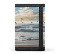 YHNNH Waves on The Beach with Sea Birds Trifold Wallet Polyester Casual Wallets Portable Stylish Coin Purse for Men And Women