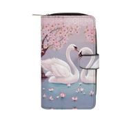YHNNH White Swans with Pink Floral Tree Leather Long Wallet Adult Travel Zipper Long Purse Multi-functional Credit Card Holder 12 Card Slot