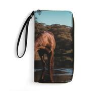 YHNNH Wristlet Wallets for Women,The Horse is Drinking Waterprinted PU Leather Large Capacity Long Ladies Wristlet Clutch Purse with Card Slots and Wrist Strap