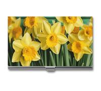 YHNNH Yellow Daffodils Flowers Business Card Holder Minimalist Wallet RFID Blocking Credit Cards Holder Slim Name Cards Holders Compact Aluminum Alloy Business Card Case for Adult