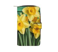 YHNNH Yellow Daffodils Flowers Leather Long Wallet Adult Travel Zipper Long Purse Multi-functional Credit Card Holder 12 Card Slot