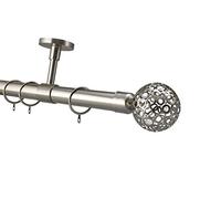 YHO Bay Window Curtain Pole Ceiling Fix 4m Brushed Chrome 28mm For Eyelet & Pencil Pleat Curtains (3m, Osaka Finial With Rings)