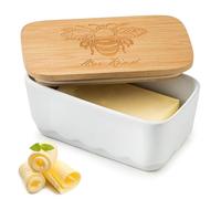 YHOJOY Covered Butter Dish for Countertop, Ceramic Butter Dish with Wooden Lid Airtight Butter Holder Container, Vintage HoneyBee Kitchen Decor, White
