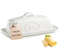 YHOJOY Cow Butter Dish, Ceramic Butter Dish with Lid for Countertop, White Butter Tray with Handle, Farmhouse Covered Butter Holder Container for East West Coast Butter Storage