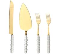 YHomU 4 Pcs Gold Cake Cutting Utensil Set For Wedding, Includes Knife, Server, And 2 Forks, Stainless Steel, Pearl Handle