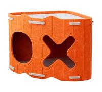 YHomU Stackable Orange Felt Cat House, 18.5 In 2-Story Bed Cave, X & Round Hole, Easy Assembly, Condo