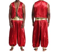 Yhong Arabian Prince Costume Men Satin Gold Trim Open Front Vest Waistcoat with Harem Pants Set Burgundy&Burgundy 3XL