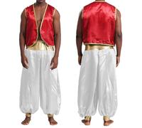 Yhong Arabian Prince Costume Men Satin Gold Trim Open Front Vest Waistcoat with Harem Pants Set Burgundy&White 3XL
