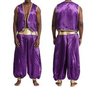 Yhong Arabian Prince Costume Men Satin Gold Trim Open Front Vest Waistcoat with Harem Pants Set Dark Purple&Dark Purple 3XL