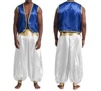 Yhong Arabian Prince Costume Men Satin Gold Trim Open Front Vest Waistcoat with Harem Pants Set Royal Blue&White 4XL