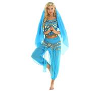 Yhong Belly Dancer Costume for Women Carnival Party Indian Belly Dancing Outfit Hip Scarf 4 Pieces Suit Lake Blue One Size