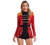 Yhong Circus Ringmaster Costume for Women Adults Sequined Long Sleeve Lion Tamer Halloween Dance Leotard Red S
