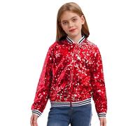 Yhong Girls Sequin Bomber Jacket Zipper Lightweight Long Sleeve Sparkle Jackets Outerwear Red A 15-16 Years