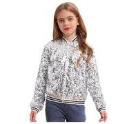 Yhong Girls Sequin Bomber Jacket Zipper Lightweight Long Sleeve Sparkle Jackets Outerwear Silver 13-14 Years