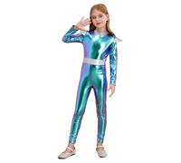 Yhong Halloween Alien Cosplay Costume Kids Girl's Outer Space Cutie Holographic Jumpsuit One Piece Dance Leotard Blue 13-14 Years