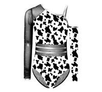 Yhong Kids Mesh Patchwork Cavegirls Cosplay Dancewear Leopard Print Tribal Dress Asymmetric Long Sleeve Black 5-6 Years