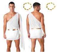 Yhong Men Toga Costume Greek God Costume One Shoulder Toga Bodysuits with Gold Leaf Crown White M