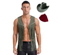 Yhong Mens Fringed Western Cowboy Costume Open Front Tassels Vest with Cowboy Hat and Bandanna Role Play Outfits Army Green XL