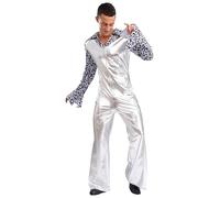 Yhong Mens Metallic 70s Disco Flared Jumpsuit Halloween Movie Star Dress Up Costume Hippie Night Party Club Dance Outfits Silver M