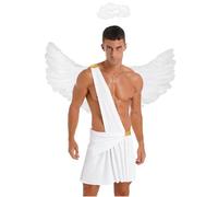 Yhong Men's Sexy Angel Costume Dark Fallen Angel One Shoulder Strap Mini Skirt with Feather Wings Headband White M