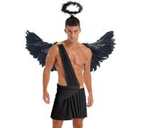 Yhong Men's Sexy Angel Costume Dark Fallen Angel One Shoulder Strap Mini Skirt with Feather Wings Headband Black M