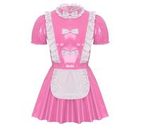 Yhong Men's Sissy French Maid Costume Patent Leather Short Sleeve A-line Dress for Cosplay Party Pink 3XL
