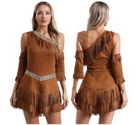 Yhong Native American Fancy Dress for Women Indian Maiden Outfits Wild West Costume Set Brown L