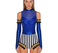 Yhong Women Circus Ring Master Costume Sequin Dance Leotard Performance Bodysuit with Gloves Outfits Royal Blue S
