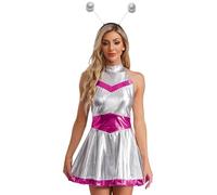 Yhong Women Metallic Alien Cosplay Costume Halter Dress Outer Space Themed Outfits Robot Fancy Dress with Headwear Hot Pink M