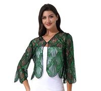 Yhong Women Shiny Sequined Long Sleeve Bolero Shrug 1920s Shawl Evening Cape Wedding Party Bridal Cover Up Black&Green One Size