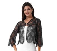 Yhong Women Shiny Sequined Long Sleeve Bolero Shrug 1920s Shawl Evening Cape Wedding Party Bridal Cover Up Black One Size