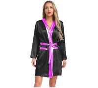 Yhong Womens Silky Satin Boxing Robe with Belt 2 Piece Boxer Fighting Costume for Halloween Black&Hot Pink 16