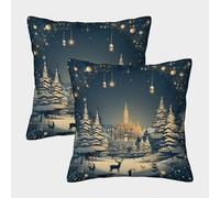 YHOPJKFRA Snowy Christmas Happy New Year Set of 2 Cushion Cover Living Room Sofa Square Cushions Luxury Pillow Cases for Outdoor Garden Farmhouse Decor with Invisible Zipper 40x40cm