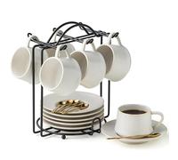 YHOSSEUN Espresso Cups with Saucers and Metal Stand, 4 Oz Ceramic Expresso Shots Cup Espresso Small Coffee Cups Set of 6, Beige