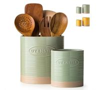 YHOSSEUN Kitchen Utensil Holder, 6.7"+5.1" Ceramic Utensil Holder for Kitchen Counter, Oval Cooking Utensil Crocks for Countertop, Utensil Storage Organizer Set of 2, Green