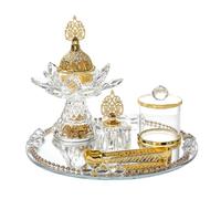 Yhplxyuus Glass Incenses Holder Set Arabic Decors Mirrored Serving Tray Storage Jar Meditations Tool for Ramadans Celebration Flower Shape Incenses Burners with Mirrored Tray