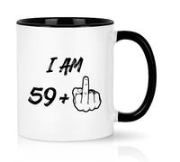 YHRJWN - 60th Birthday Gifts for Men Women, I Am 59 Plus Middle Finger Coffee Mug for Dad Mom Friends, Birthday Gift Ideas for 60 Year Old Woman, White 11 Oz Mug with Black Handle