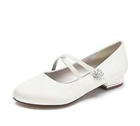 Yhsdfcn Crisscross Satin Mary Jane Flat Shoes for Women, Comfortable Double Strap Bridal Flats with Rhinestone Flower and Metallic Heel, Stylish Pumps for Wedding, Party and Office,A Ivory,8.5 UK