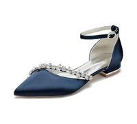 Yhsdfcn Crystal Bridge Satin Pointed Toe Pumps with Rhinestone Strap, Ankle Buckle and Comfortable Low Heel,Dark Blue,4 UK