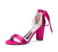 Yhsdfcn Double Pearl Ankle Strap Satin Block High Heels for Women, Elegant 3.3" Sandals with Ribbon Bow, Romantic Bridal and Wedding Dress Shoes,Rose red,4 UK