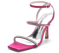Yhsdfcn Double-Strap Square Toe Rhinestone Heels, Women's Ivory Satin Strappy Sandals, Slim Stilettos for Bridal Wedding,Rose red,7 UK