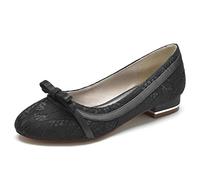 Yhsdfcn Elegant Lace Flat Shoes for Women, Comfortable Round Toe Ballerinas with Dainty Bow and Metallic Heel, Stylish Pumps for Office, Wedding and Daily Wear,Black,6.5 UK
