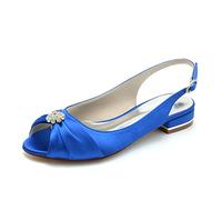 Yhsdfcn Elegant Pleated Satin Peep Toe Slingback Wedding Flats with Brilliant Crystal Brooch and Adjustable Rhinestone Buckle Strap,Blue,9.5 UK